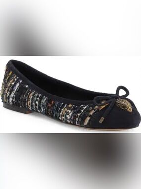Kurt Geiger Navy Tweed Bow-Trim Ballet Flats with Gold Emblem